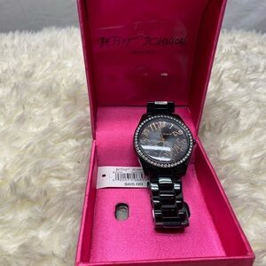 Betsey Johnson Rhinestone Bezel Wristwatch Black Metal Band